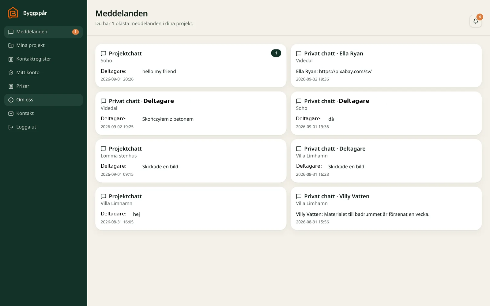 Byggspårs meddelandevy med projektkommunikation